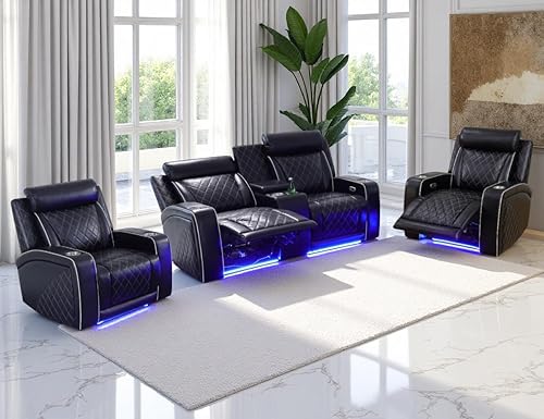 Miniatura 57 de Juego de sofá reclinable eléctrico, juego de sofá reclinable de cine en casa, sofá biplaza reclinable de cuero transpirable con Debut negro,Negro