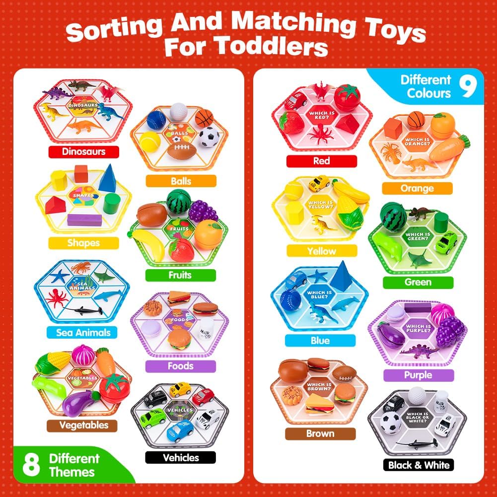 Sorting Toys for Toddlers, 48 Toys Sorting Matching Playset Sensory Toys for Kids, Match Card Sort Game Set with Storage Bag, Multiple Theme Box Preschool Educational Learning Fine Motor Skills Games