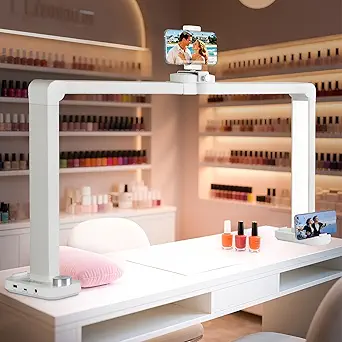 KIRKAS 34inch Large Half Moon Light for Nail Tech, 456 LEDs 3 Color Modes Infinitely Knob Arch Light with Phone Holder Charging Function, Foldable Nail Desk Lamp for Eyelash Extension, Tattoo-White