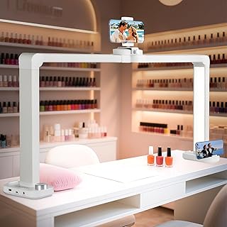 KIRKAS 34inch Large Half Moon Light for Nail Tech, 456 LEDs 3 Color Modes Infinitely Knob with Phone Holder Charging Function, Foldable Nail Desk Lamp for Eyelash Extension, Tattoo-White(34inch Large)