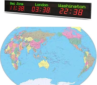 World Clock, 3/4/5/6 City Time Zone Red LED Digital World Time Wall Clock Indoor Full Color Multi Time Zone World Wall Clock for Office/Home/Living Room/School,3time