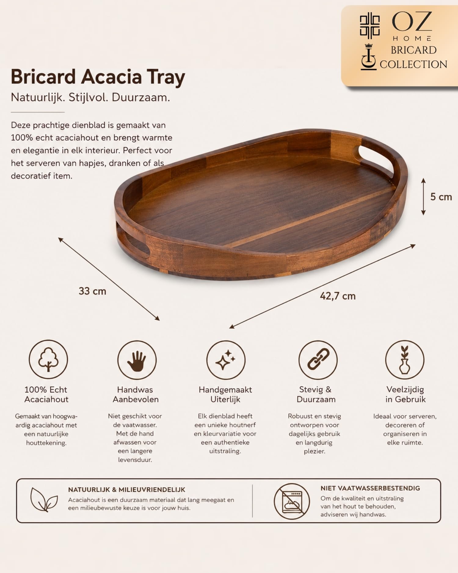 BRICARD Plateau De Service 43x33x5cm, Plateau Bois En Acacia, Plateau Repas