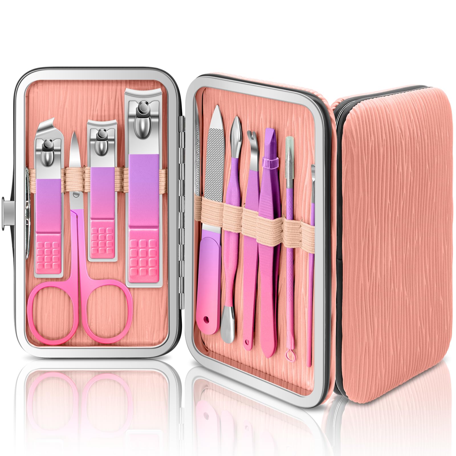BLESWIN 10 in 1 Manicure Pedicure Kit, Manicure Kit for Women Professional, Mens Nail Grooming Kit, Manicure Tools Gift for Luxury Leather Travel Case for Family Friends (Pink Purple)