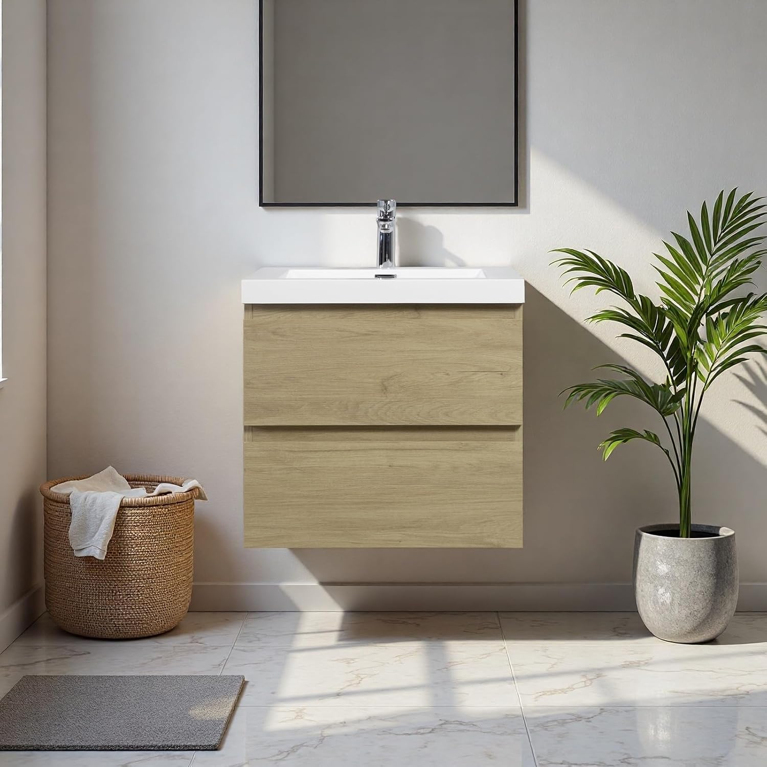 Floating Bathroom Vanity with Sink, 24" Wall-Mounted Bathroom Storage Cabinet with Resin Countertop & 2 Soft Close Drawers, Modern Stylish Vanity with Open Back Design, Easy to Clean, Oak