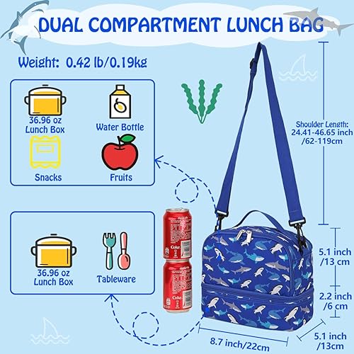 Miniatura 2 de Bolsa de almuerzo para niños, lonchera aislada, bonita bolsa térmica con doble compartimento y correa de hombro extraíble, tiburón azul VONXURY