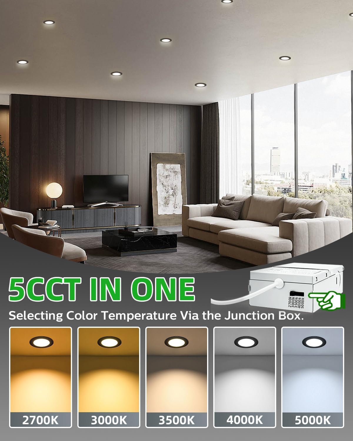 zouzai 12 Pack 4 Inch Black 5CCT Reset Ultra-Thin LED Recessed Ceiling Light with Junction Box, 2700K/3000K/3500K/4000K/5000K Selectable, 9W Dimmable, led can Lights - ETL and Energy Star Certified