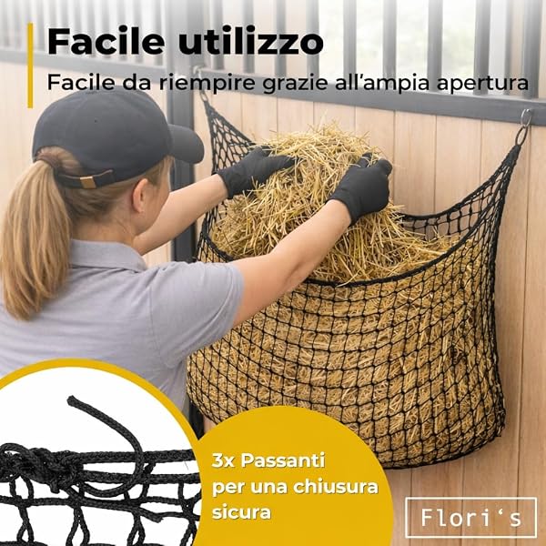 Flori's Rete da fieno per cavalli – Heusack per cavalli grande 90 × 120 cm – Maglia stretta 4,5 cm – Rete per cavalli con moschettone – circa 9 kg di fieno – Slow Feeder - 4
