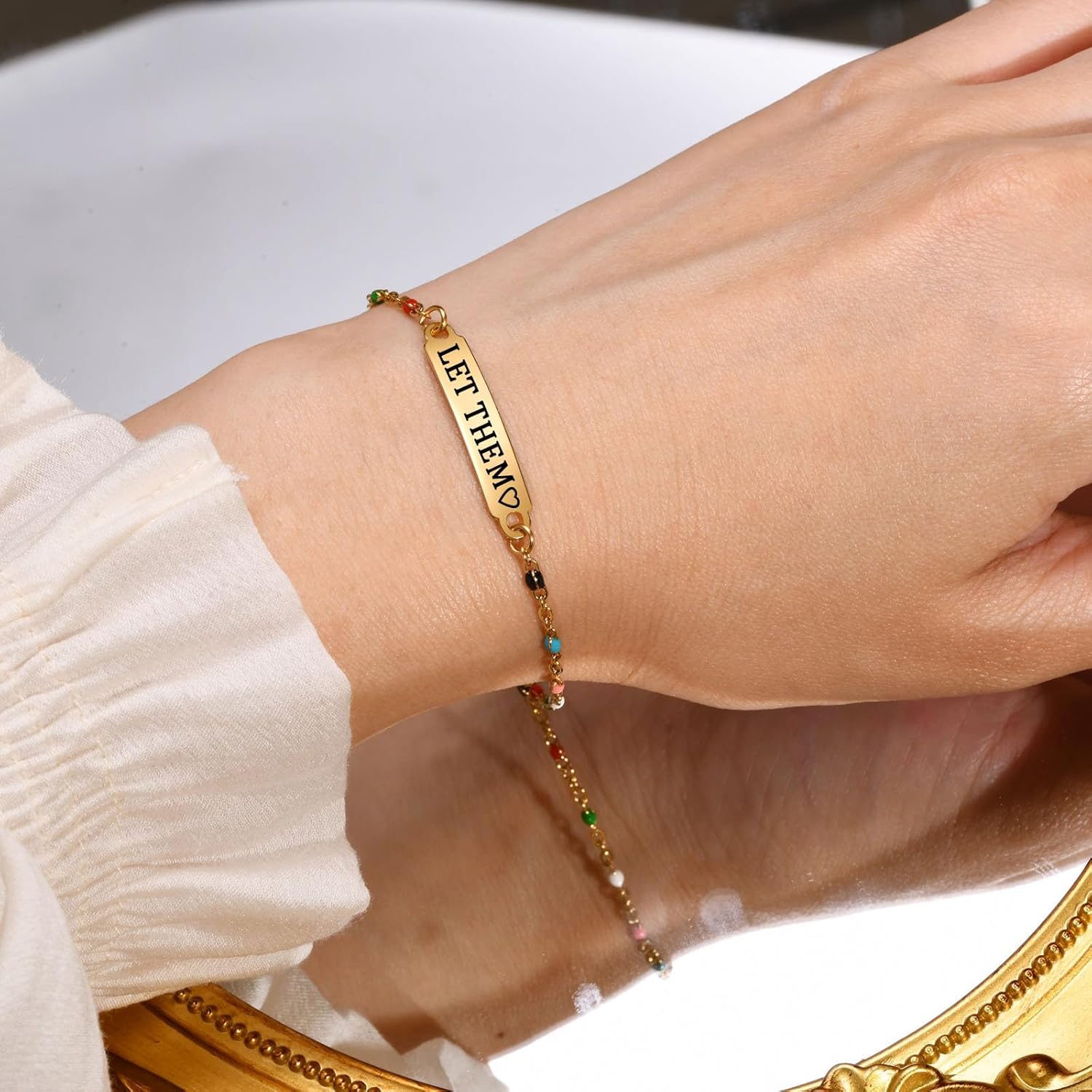 Let Them Dainty Colorful Beaded Bracelet, Self Worth Motivational Stainless Steel Engraving Tube Bracelets Inspirational Chain Crystal Energy Friendship Bracelet Jewelry for Women Men - Image 5