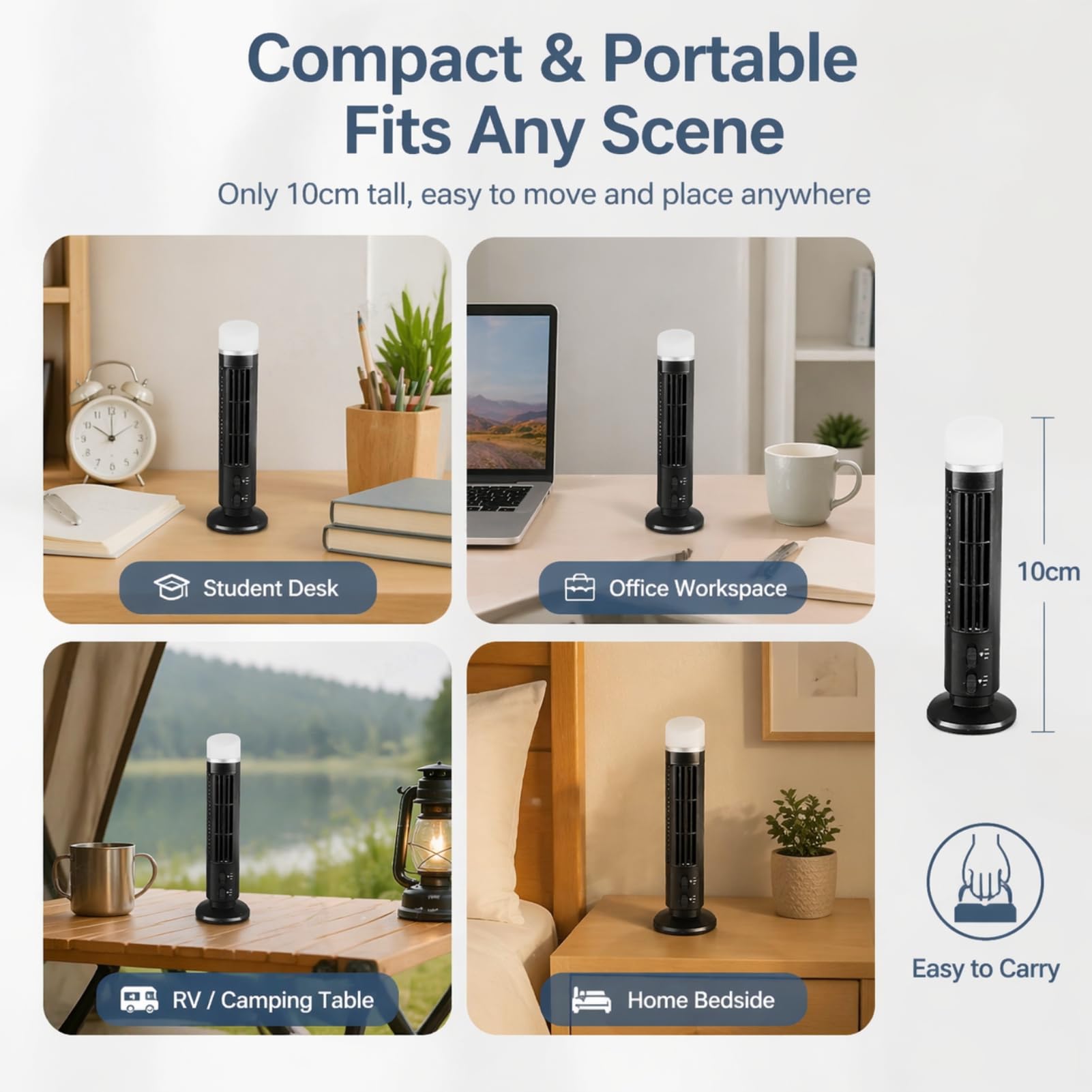 Ausla Ventilador de Torre sin Aspas con Luz LED, Mini Ventilador de Escritorio Silencioso Oscilante USB, Portátil para Hogar Oficina Escuela, 10,5x33 cm