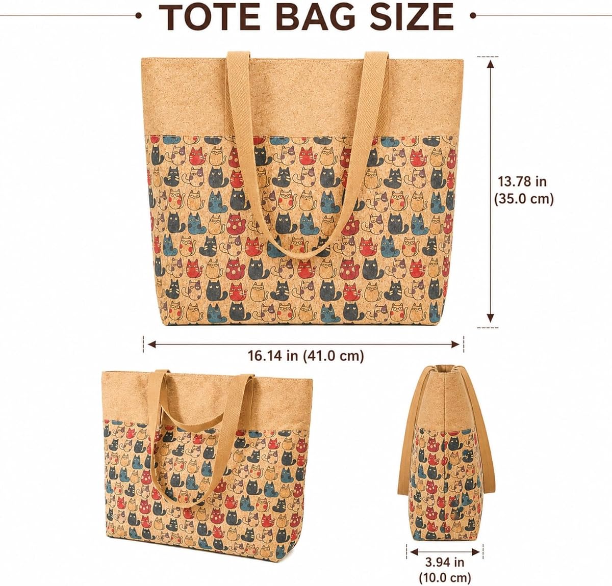 Cork Tote Bag for Women, Vegan Cork Handbag with Top Handles, Lightweight Shoulder Shopping Bag for Beach, T view 4