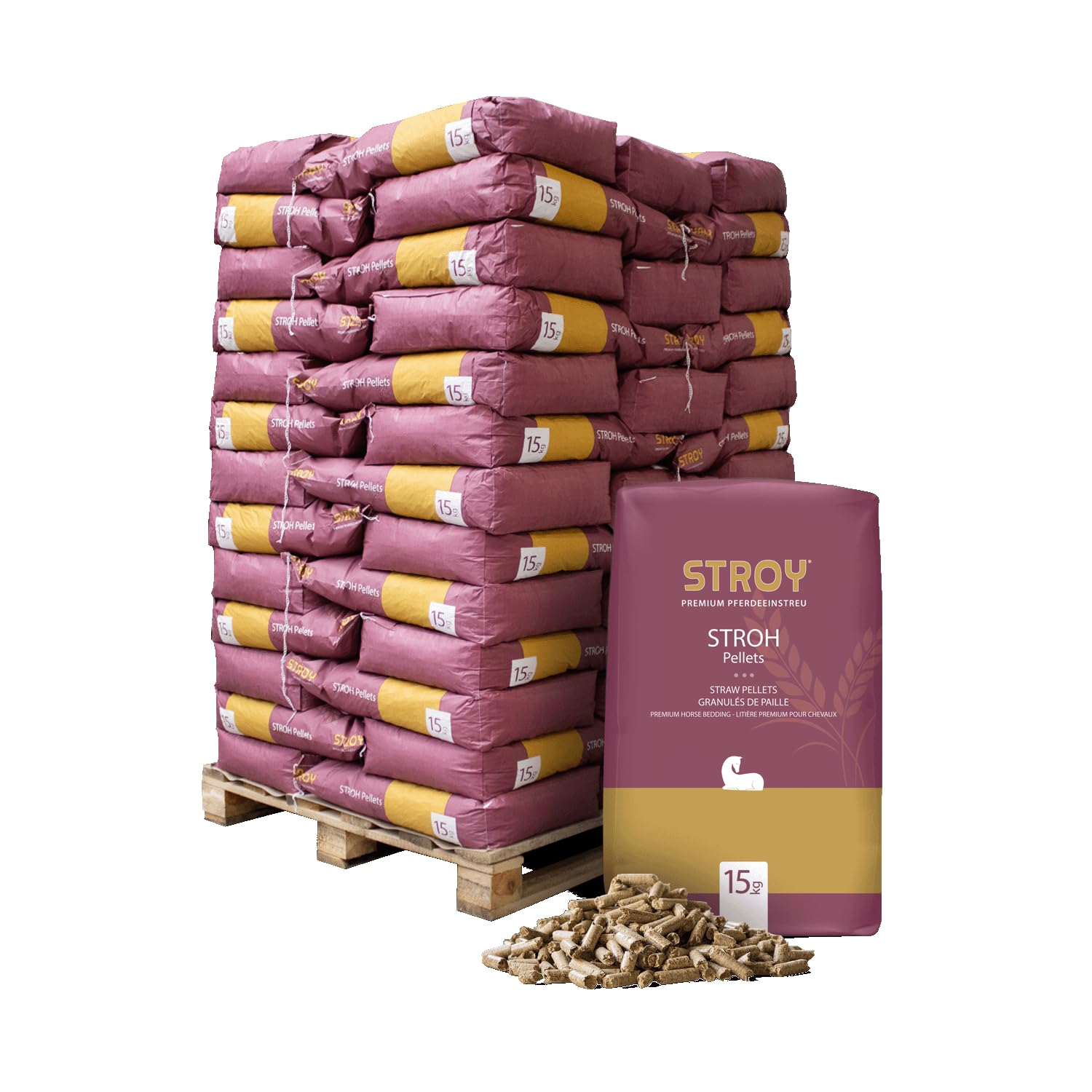 Strohpellets Einstreu Pellets Stroh Tier Streu Pellet Für Großtier Kleintier Pferde Stall Box Paddock 15kg x 65 Sack 975kg / 1 Palette