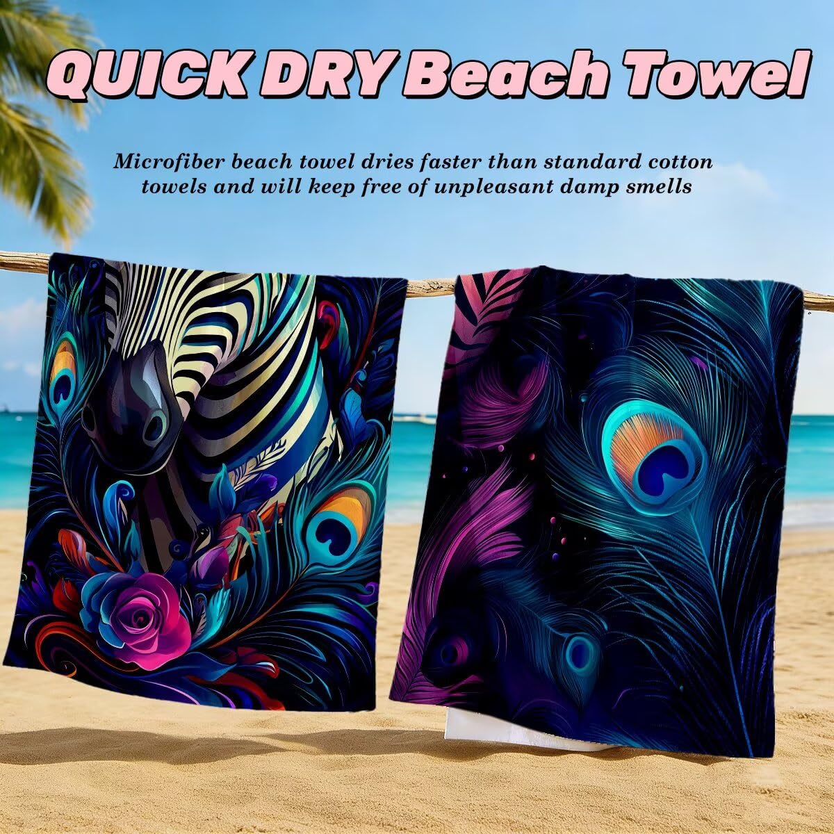 Ręcznik plażowy XXL, 90 x 200 cm, zestaw 2 szt., z mikrofibry, ręcznik plażowy, zebra, szybkoschnący, do sauny, fitness, bez piasku, ręcznik plażowy, do sauny, duży ręcznik kąpielowy, prezent dla