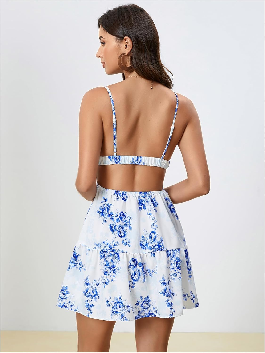 MakeMeChic Women's Summer Floral Cami Dress Backless Cut Out Ruffle Hem A Line Mini Dresses Sundress - Image 2