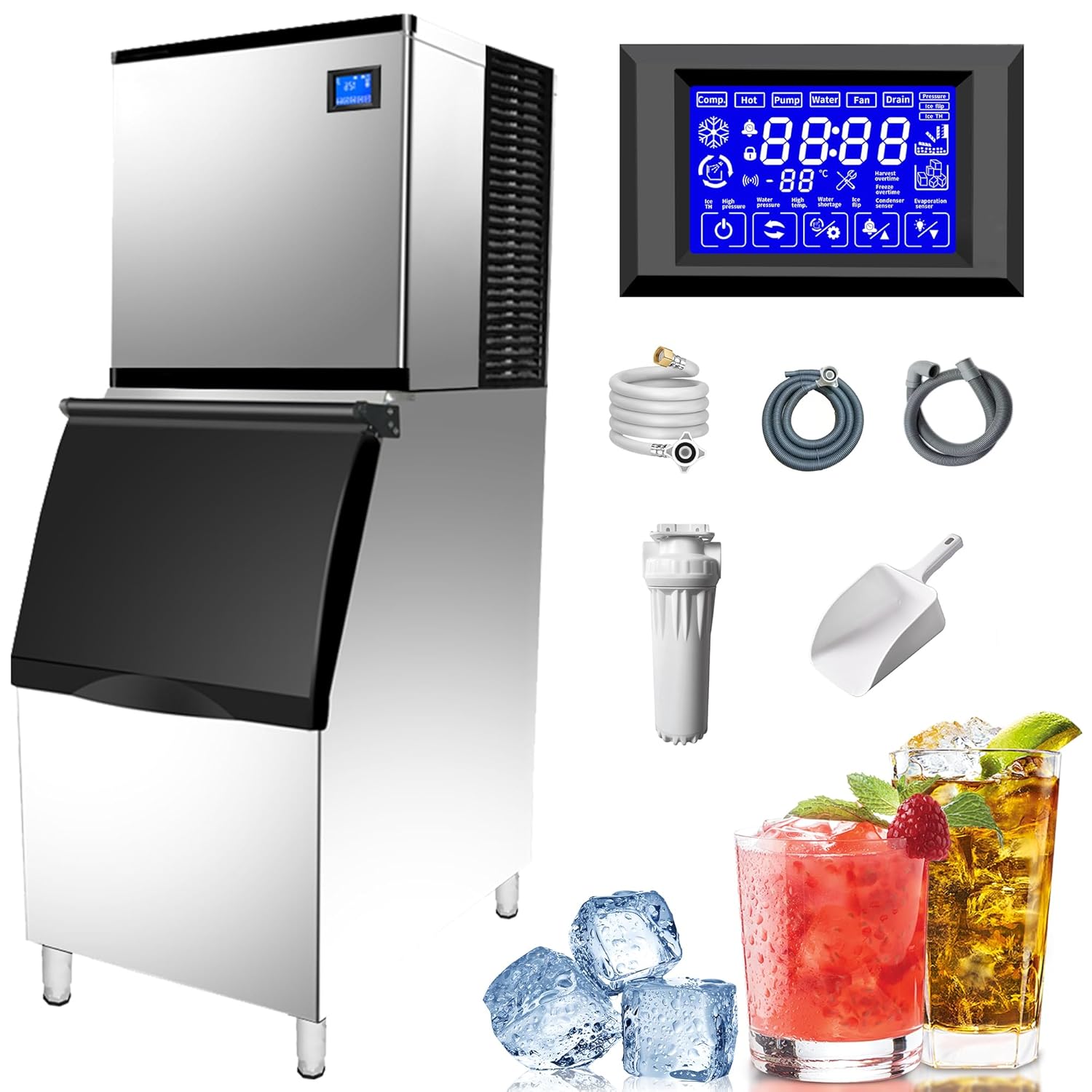 Commercial Ice Maker Machine 350 Pounds Per Day, 308 Lbs Storage Bin, Industrial Ice Machine, Ice Ready in 8-15 min, Stainless Steel Ice Maker for Bar/Cafe/Restaurant/Business