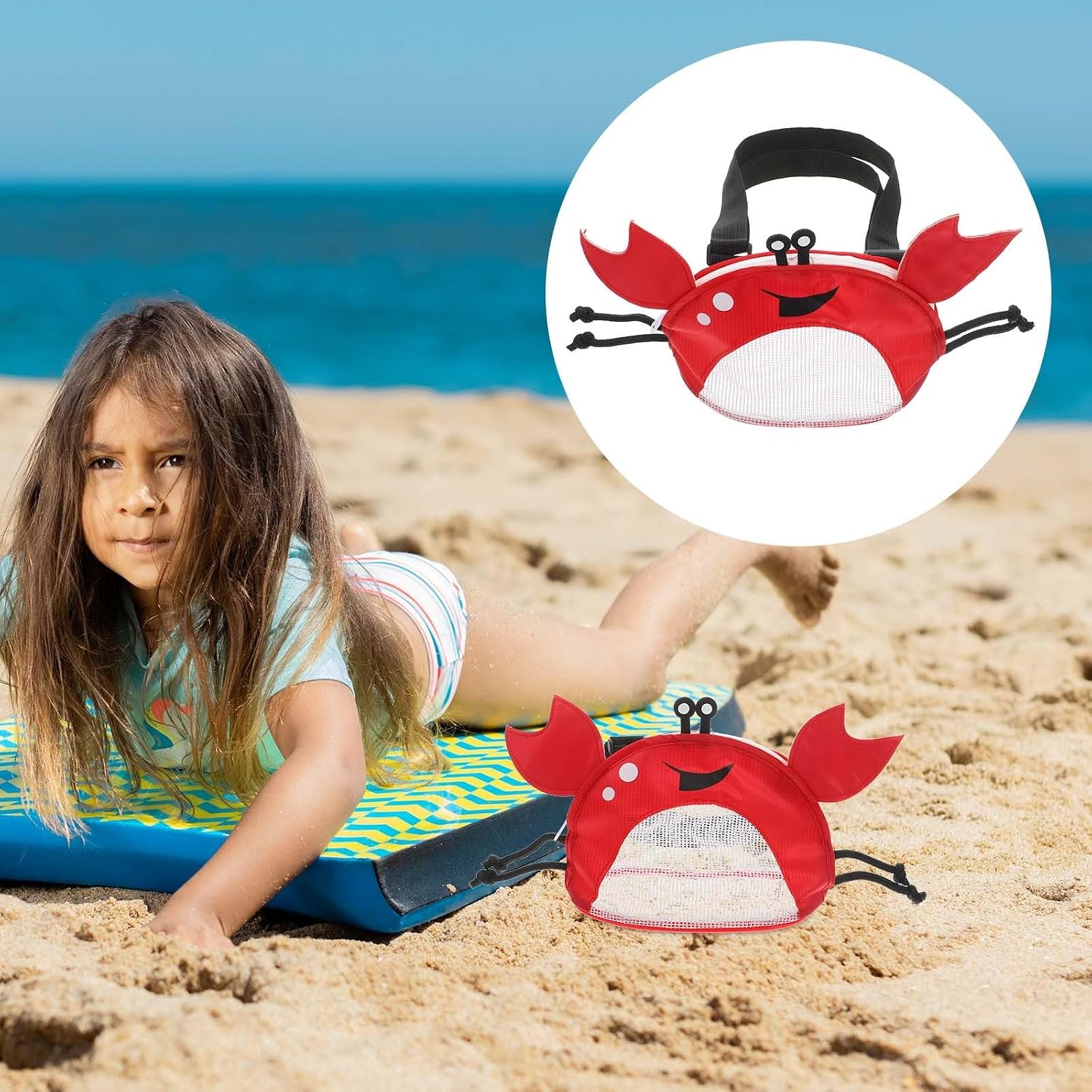 Hemoton Crab Shape Mesh Beach Bag for Kids - Adjustable Shoulder Strap Shell Collecting Tote 11.02X6.29X4.13 Inches Lightweight Cloth Pouch for Outdoor Pool and Beach Toy Storage