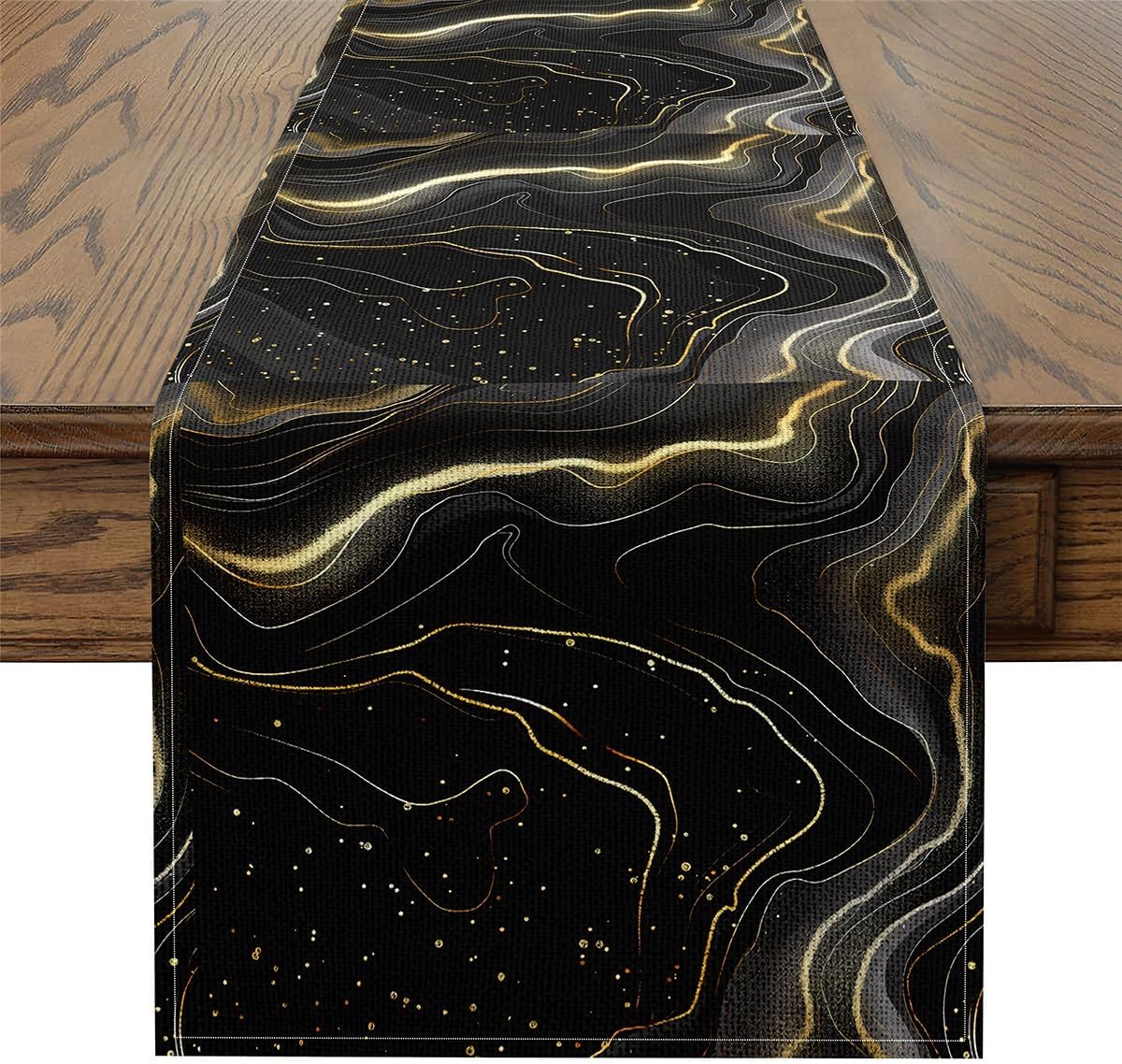 Erosebridal Marble Table Runner Black 13x60, Black Gold