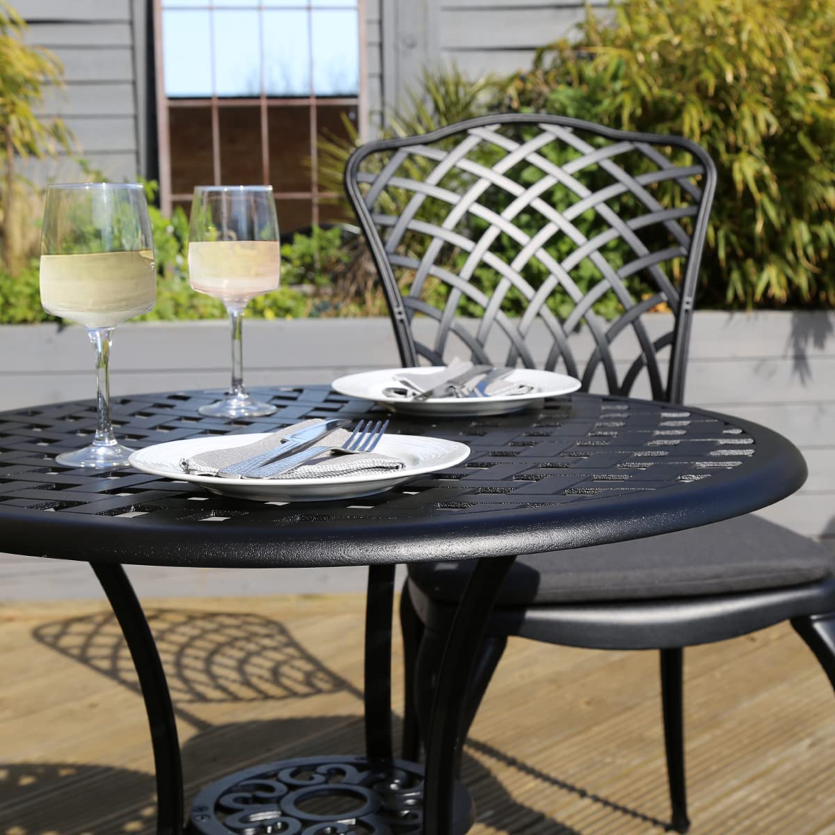 Charles Bentley Cast Aluminium Bistro Round Table And 2 Chairs Set, Black, Outdoor Table, with Dark Grey Cushions, Garden, Patio, With Central Hole For Parasol, Weatherproof,... - Image 3