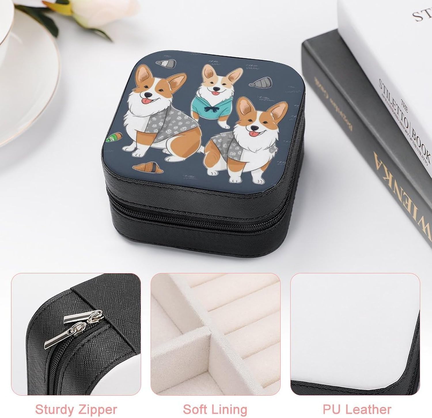 Portable Travel Jewelry Case Wearing Clothes Corgi Dogs Printed Small Jewelry Box Jewelry Organizer Pu Leather Mini Trinket Box for Women Earring Necklace Rings Bracelets image 4