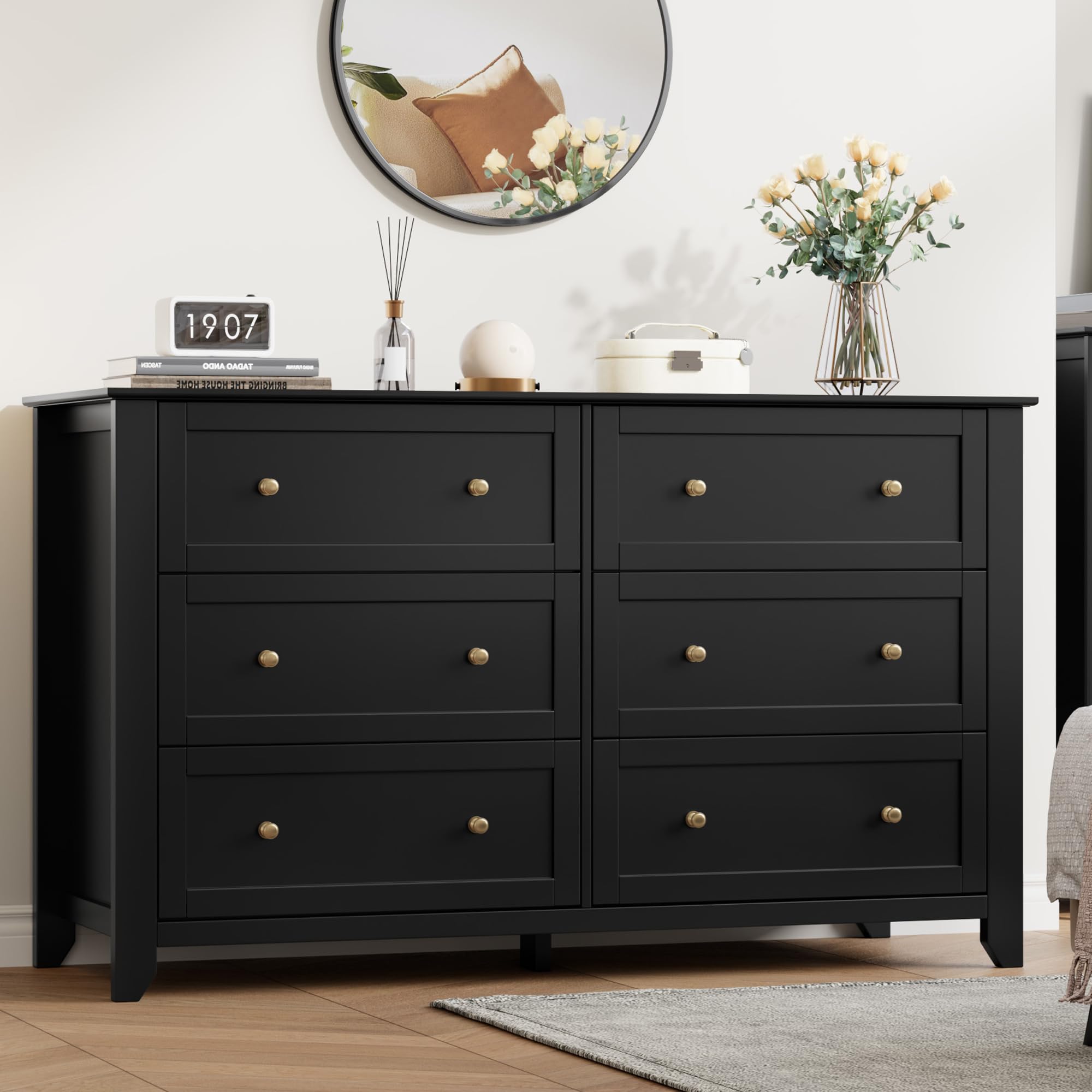 IDEALHOUSE Black 6 Drawer Dresser for Bedroom, 54