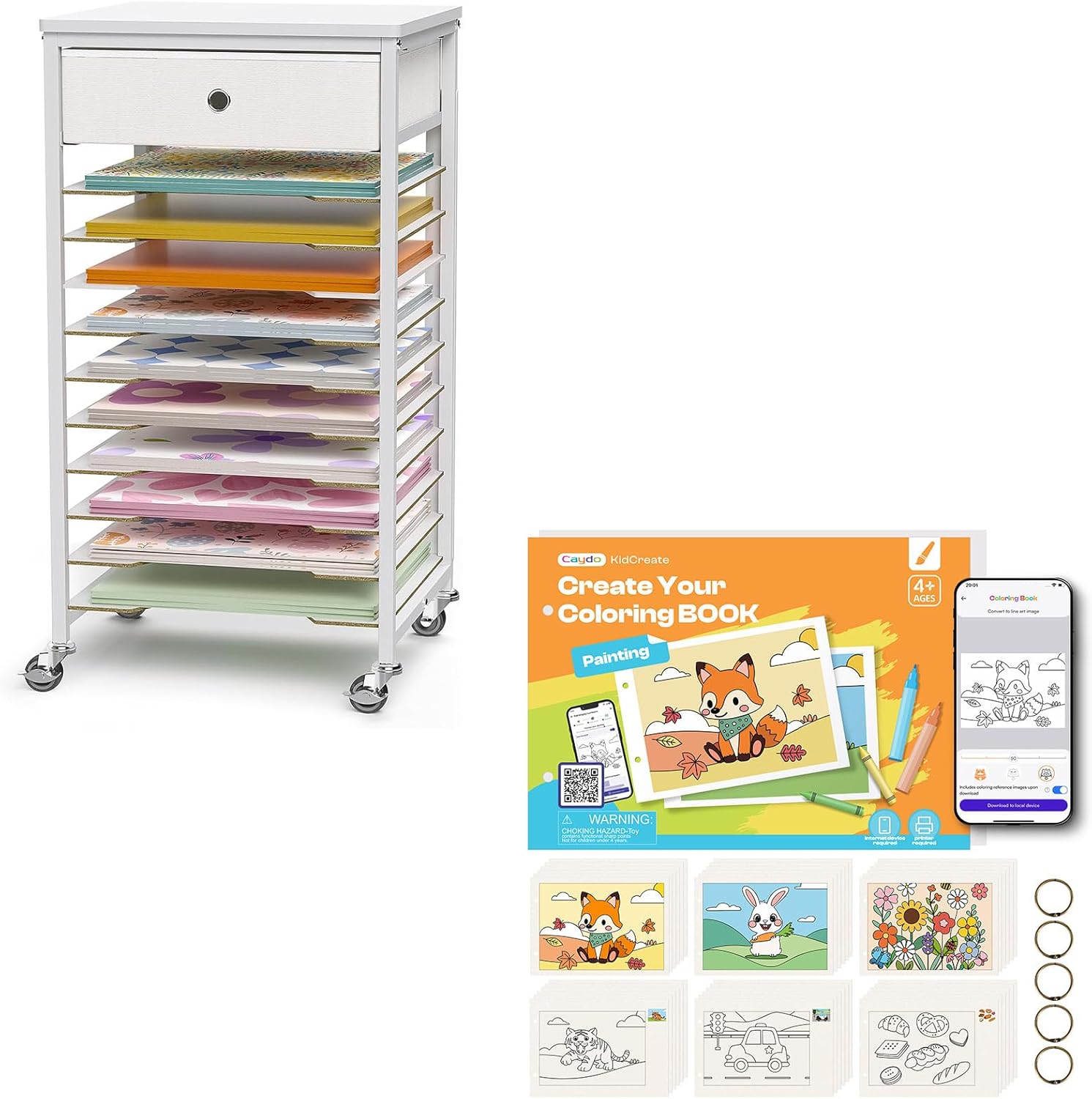 Caydo Scrapbook Paper Storage with Create Your Own Coloring Book for Kids with APP | 40 Sheets 160gsm Acid-Free Drawing Paper (Blank) for Christmas Gifts & Educational Activity