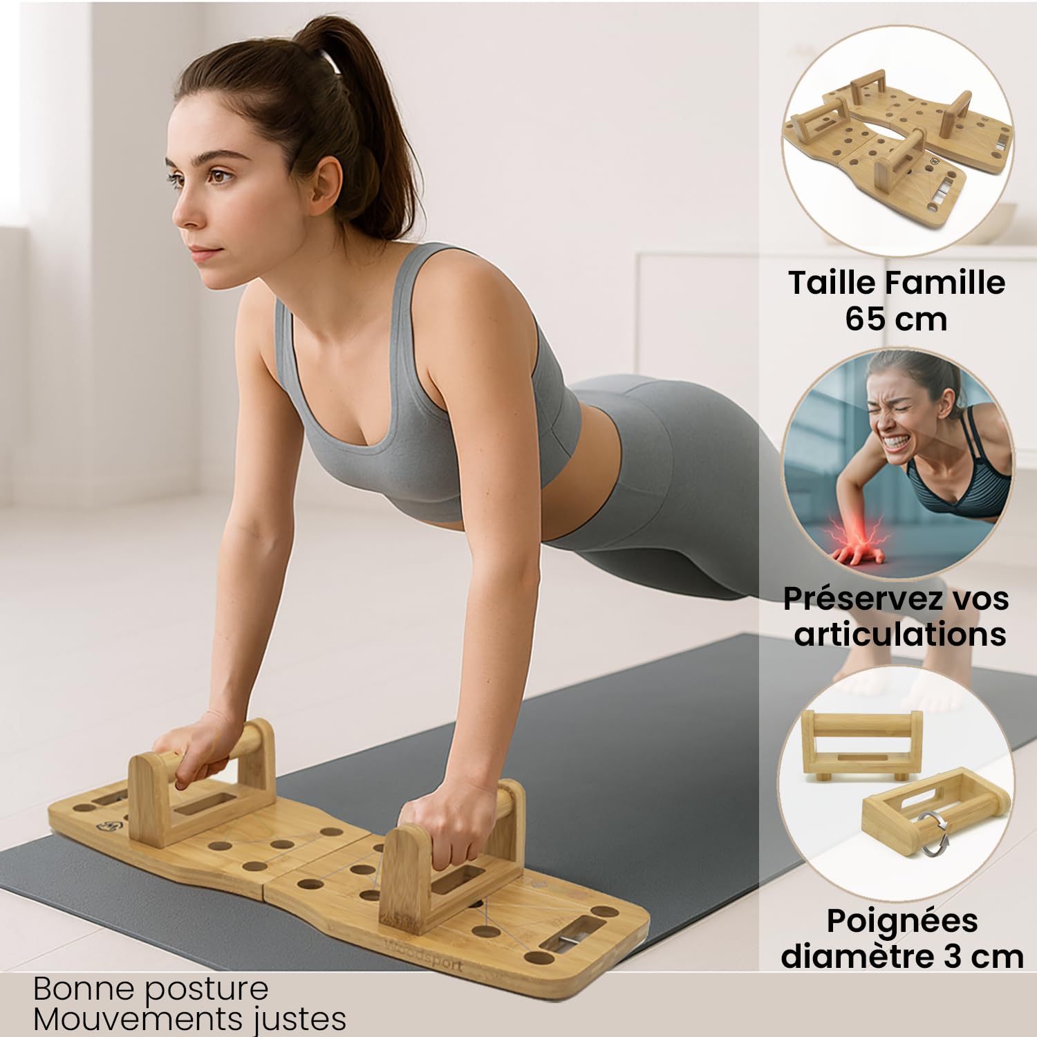 Amplitude – Push up board Premium en bois – Planche a pompe pliable - Planche pompe musculation Sport maison + 2 Elastiques + guide d’entraînement 30 en 1