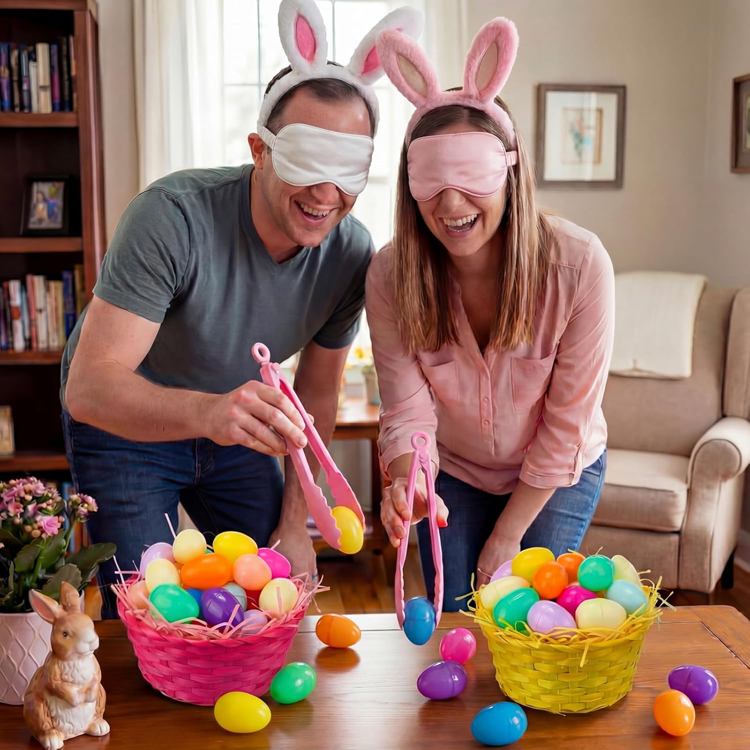 Tigeen 90 Pcs Easter Egg Clips Race Game - 2 Set Easter Blind Game for Group Family Adults, Outdoor Indoor Party Games & Activities, Including Ear Headbands, Blindfolds, Clips, Baskets & Colorful Eggs