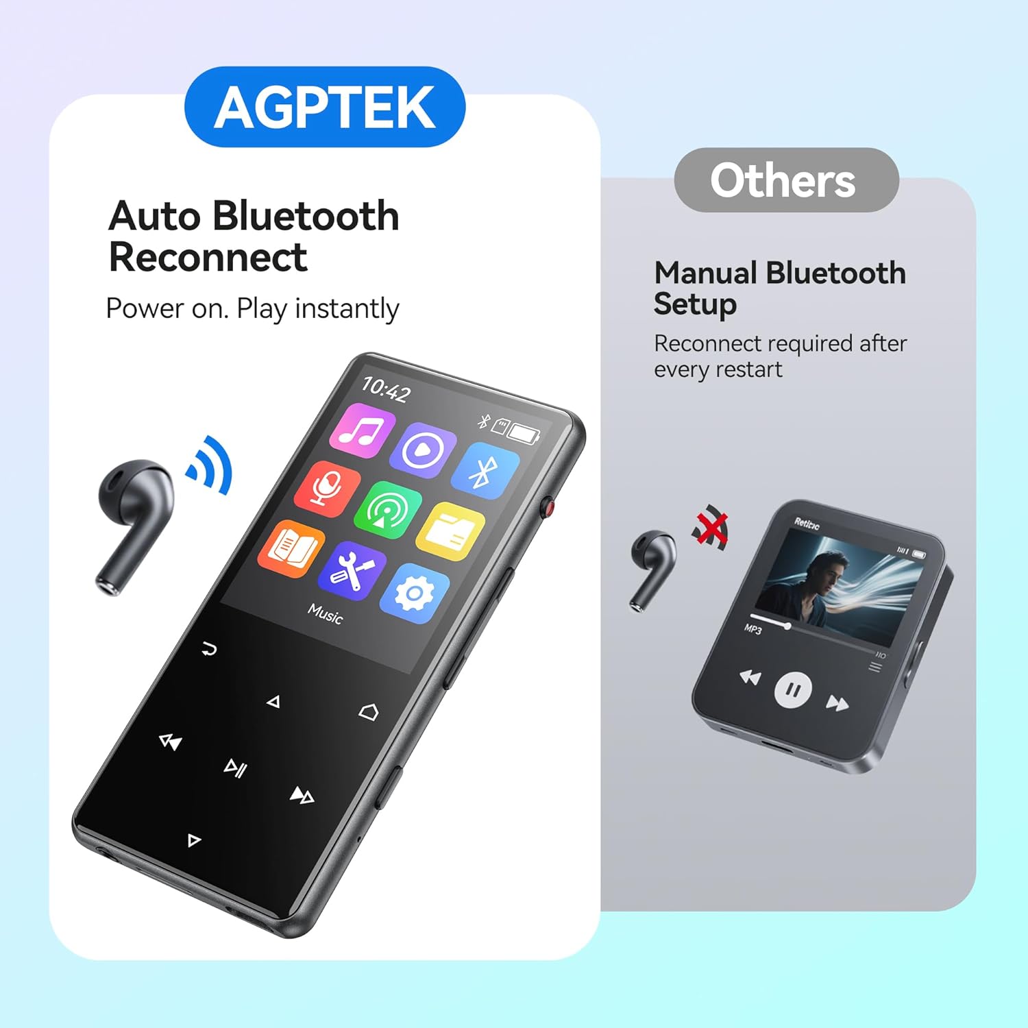 AGPTEK 128GB MP3 Player with Bluetooth 5.4, M6 2.4 inch Music Player with One-Click Recording, Built in Speaker and FM Radio, Touch Buttons(Black) - Image 5