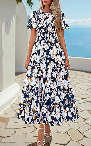 Miniatura 10 de PRETTYGARDEN Vestido largo casual de verano para mujer, de manga corta, bohemio, floral, cuello redondo, fruncido y escalonado