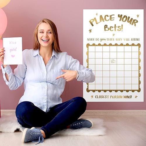 Geyee Decoraciones de baby shower, juego de ducha con predicción neutra para fecha de nacimiento, grande, divertido letrero de calendario de bebé