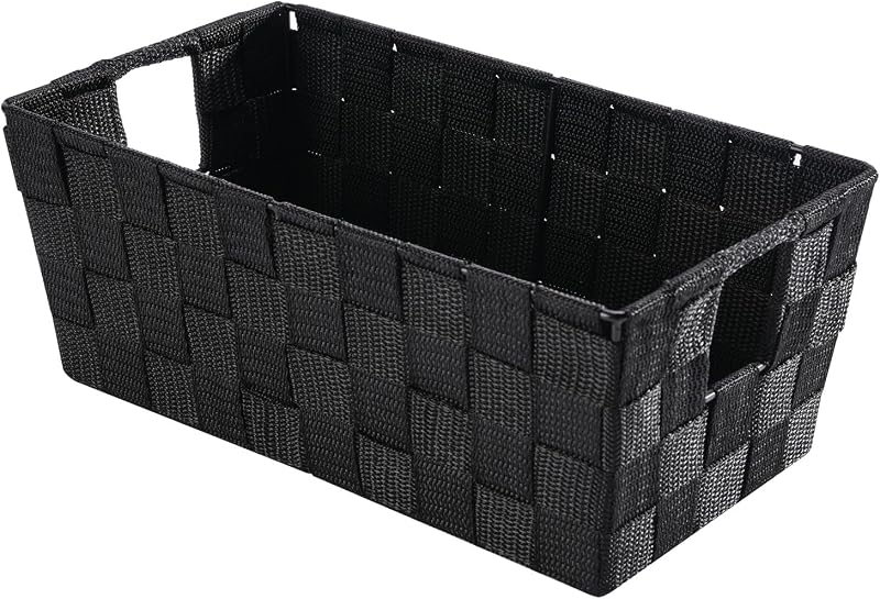 Small Woven Storage Baskets for Shelves - Decorative Organizer Bins with Metal Structure, Versatile Shelf Storage Solution for Home Organization & Closet (Black)