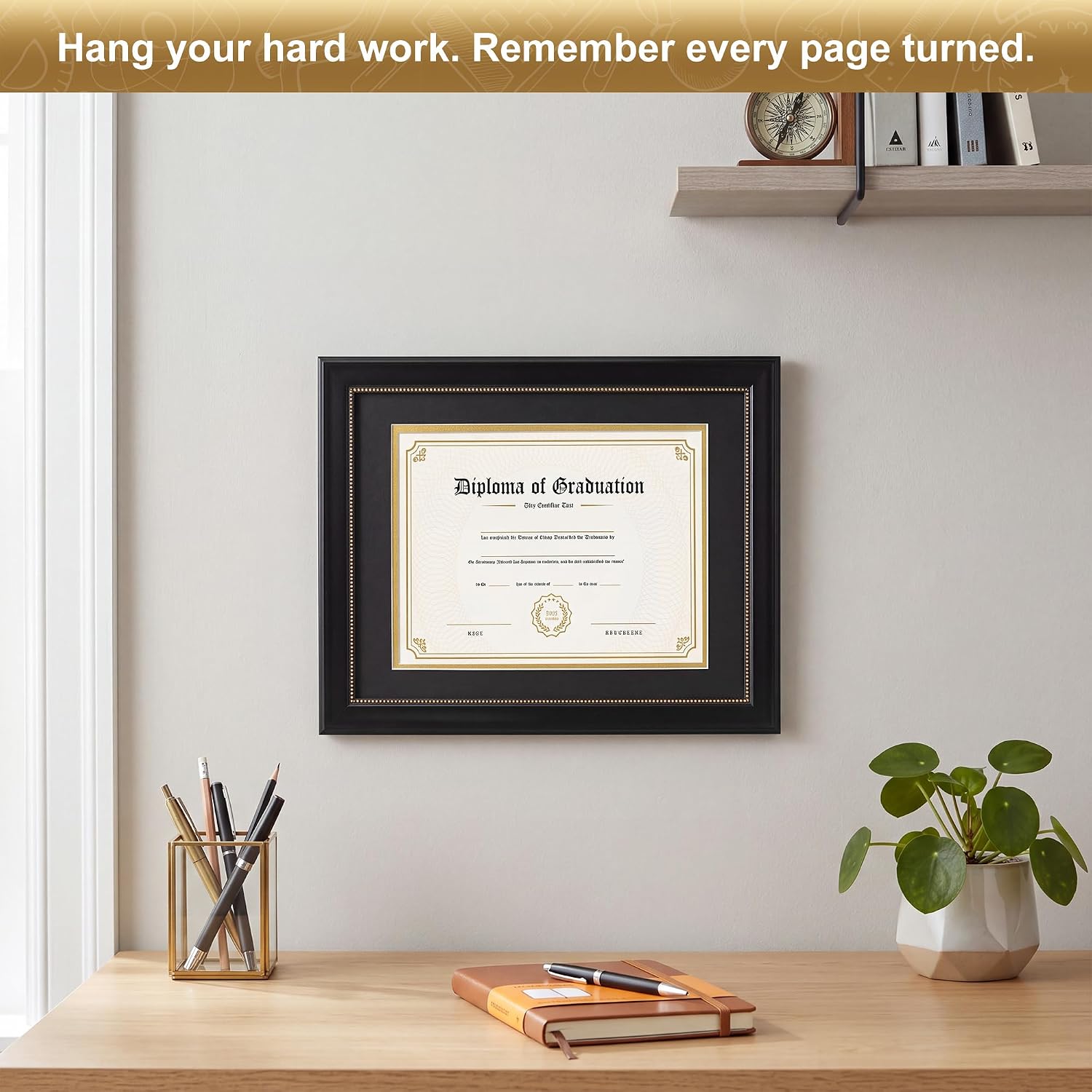 8.5x11 Diploma Frame with Black over Gold Mat, 11x14 Document without Mat
