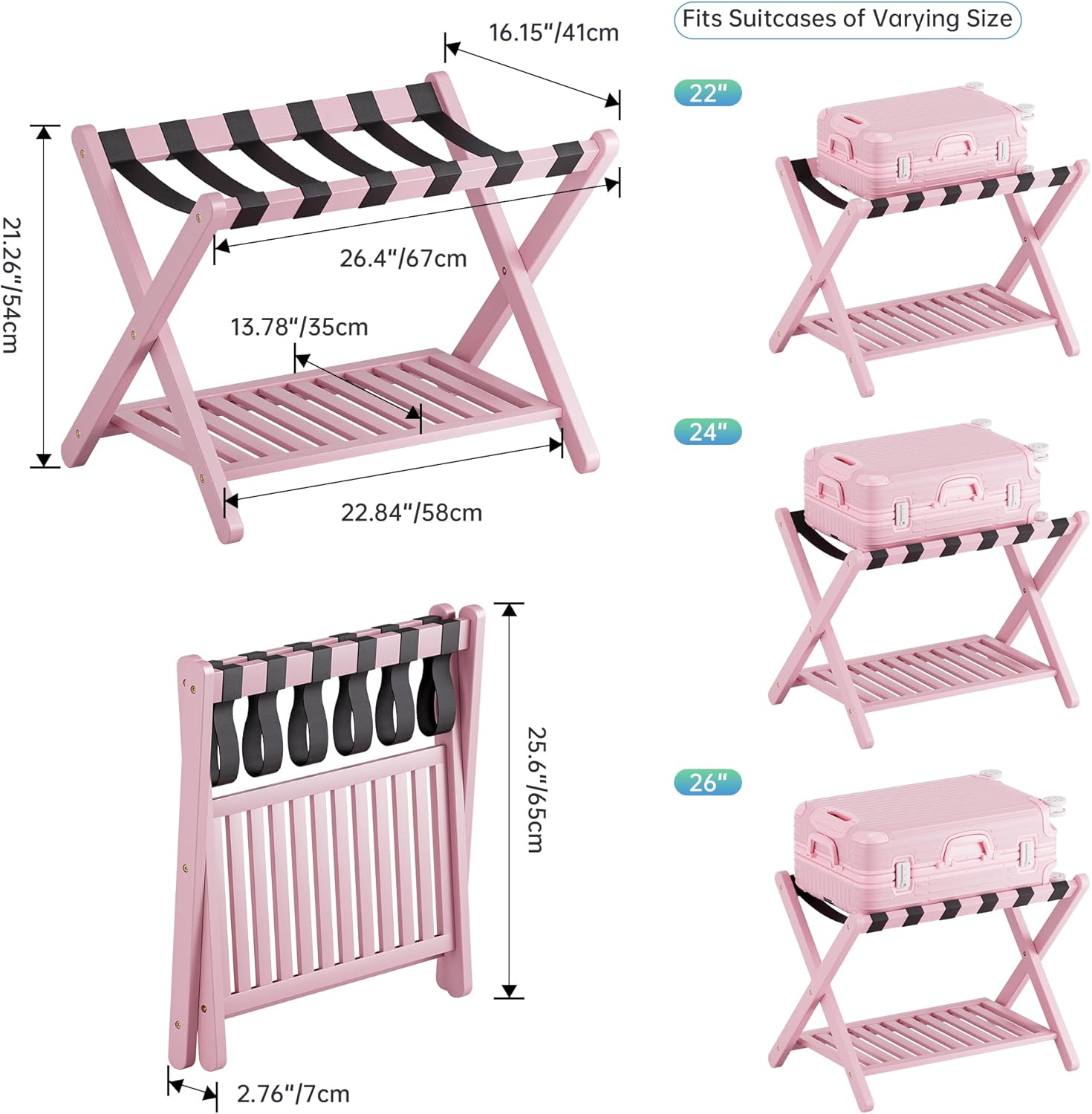 SMIBUY Luggage Rack, Set of 2, Foldable Bamboo Suitcase Stand with Storage Shelf for Guest Room, Bedroom, Hotel, Heavy-Duty (Pink)