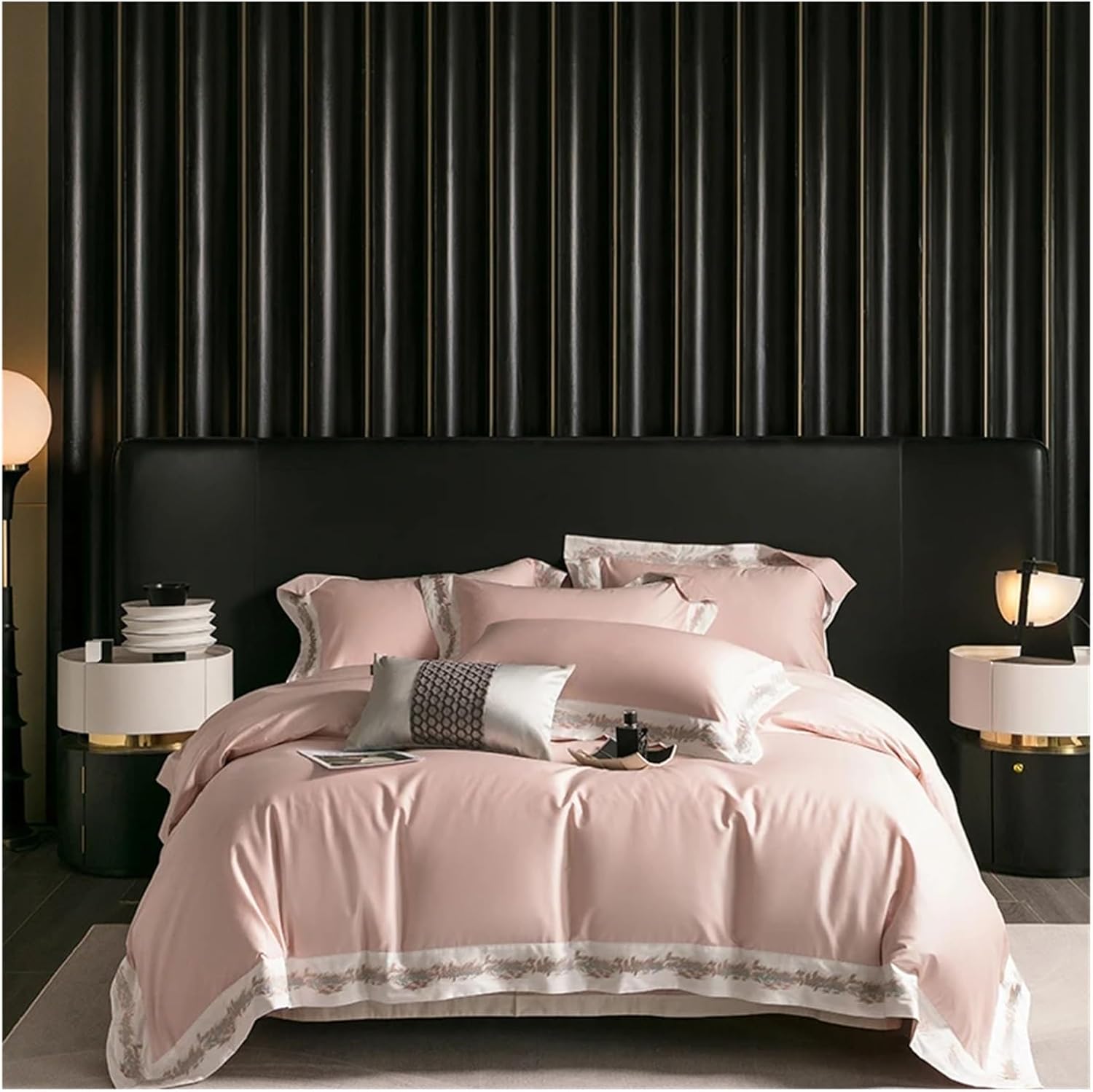 1000TC Egyptian Cotton Jacquard Embroidery Luxury Bedding Set Champagne Gold Black Patchwork Duvet Cover Bed Sheet Pillowcases,Bed