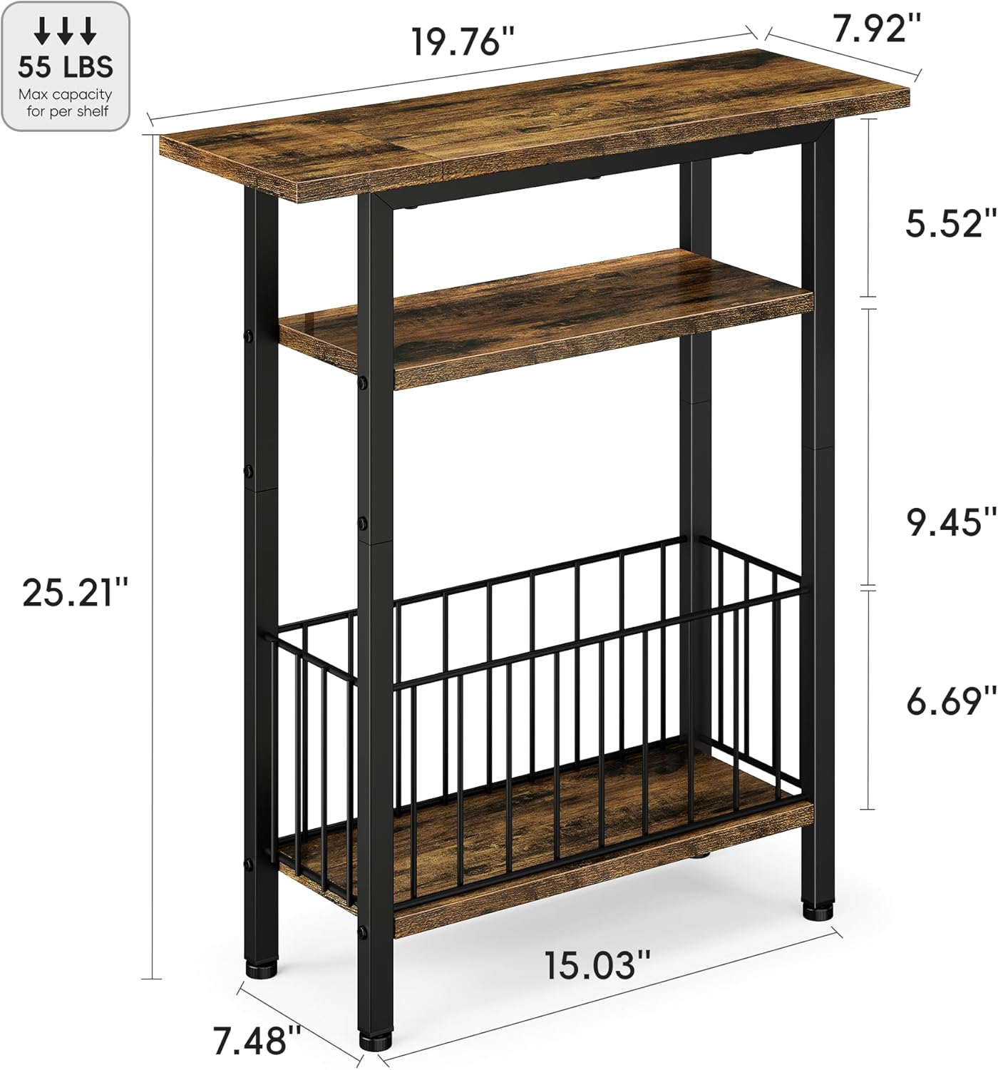 Vagusicc Narrow Side Table, 3-Tier Skinny End Table for Couch Sofa, Small Side Tables for Small Spaces, Bed Side Table with Storage, 25.2" Tall Slim Nightstand for Living Room, Bedroom, Rustic Brown
