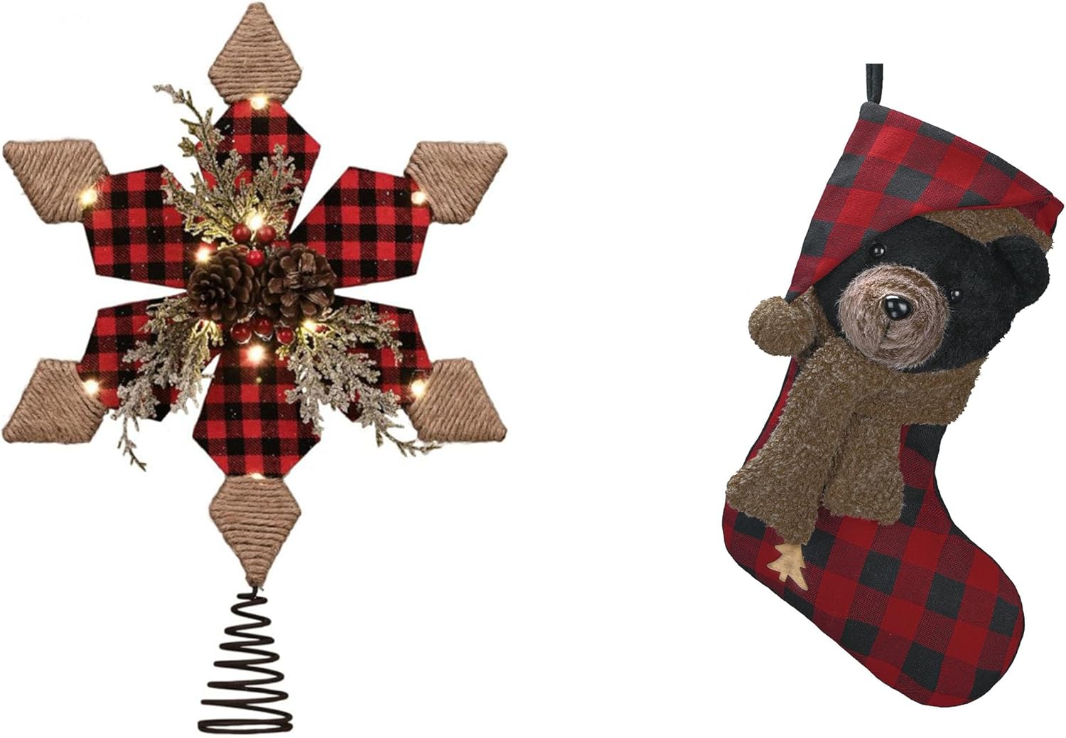 Valery Madelyn Christmas Star Tree Topper with Timer&Christmas Stocking, Cute Plush Personalized Fireplace Red Black Tartan Hanging Stockings （2 Items Buddle