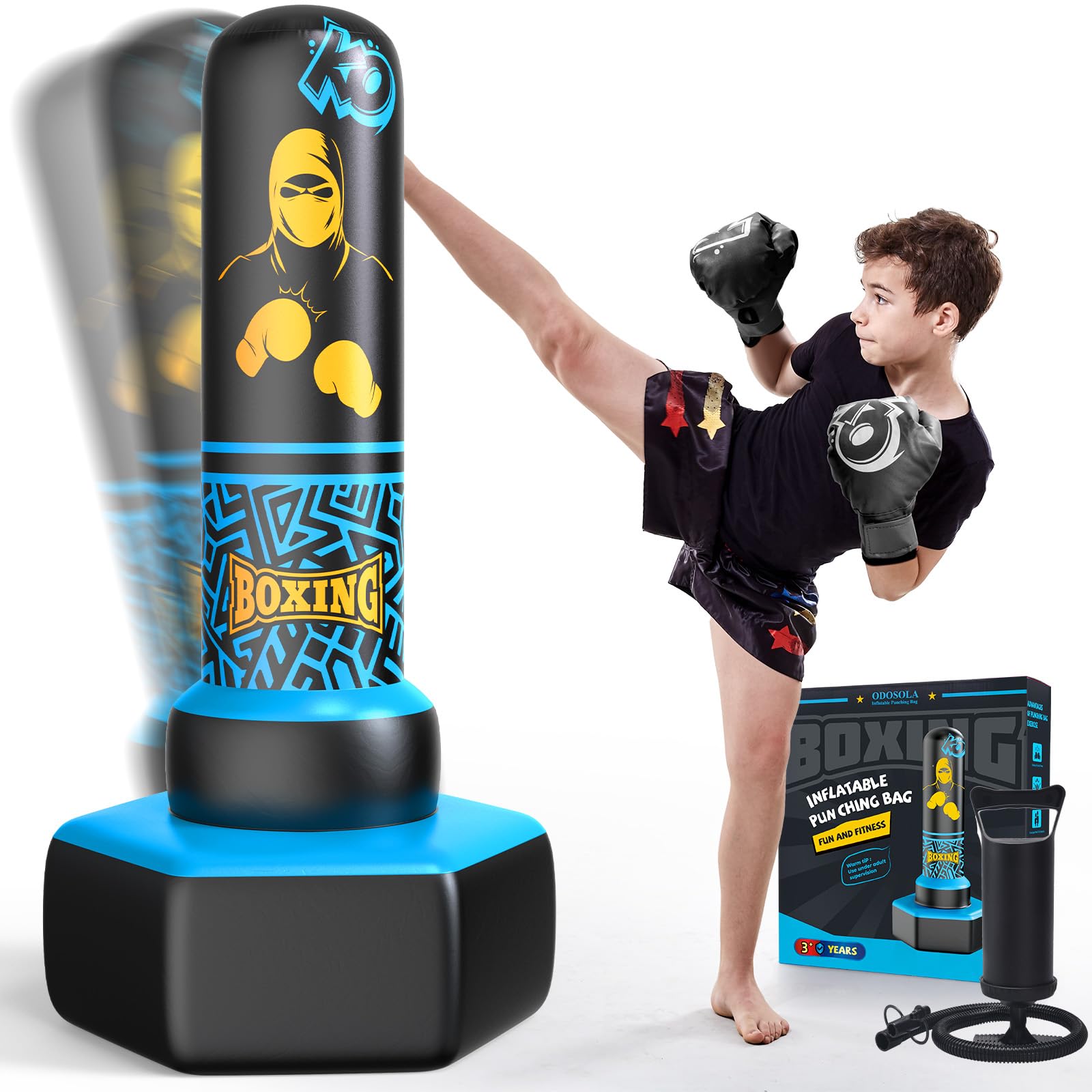ODOSOLA 67'' Inflatable Punching Bag Freestanding for Kids Aged 3-12 – Heavy Duty Boxing Set for Karate & Taekwondo, Stable Boxing Bag Active Kids Toy, Christmas Birthday Gift for Boys and Girls