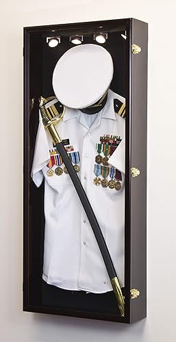 Miniatura 10 de Caja de sombra militar, marco de pared para gabinete de medallas de espada, con cerradura (acabado negro + luz LED, fondo de fieltro negro)