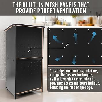 Large Potato and Onion Storage Bin - Wooden Stackable Bread Storage Box with Lid & Mesh Doors, Decorative Fruit and Vegetable Organization Cabinet for Kitchen, 15.75W x 10.7D x 33.5H (Black)