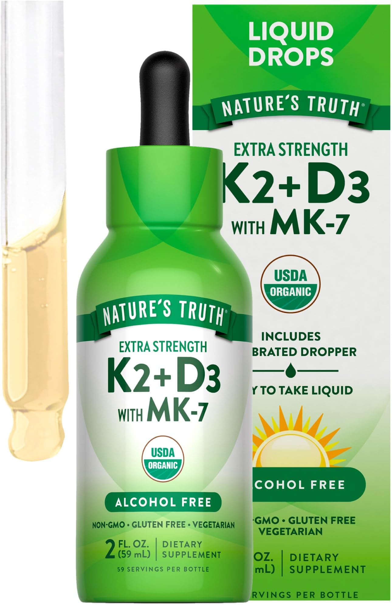 Nature's Truth Vitamin D3 K2 Liquid Drops | with MK-7 | 2 Fl Oz | Vegetarian, Non-GMO & Gluten Free Supplement | Essential Support