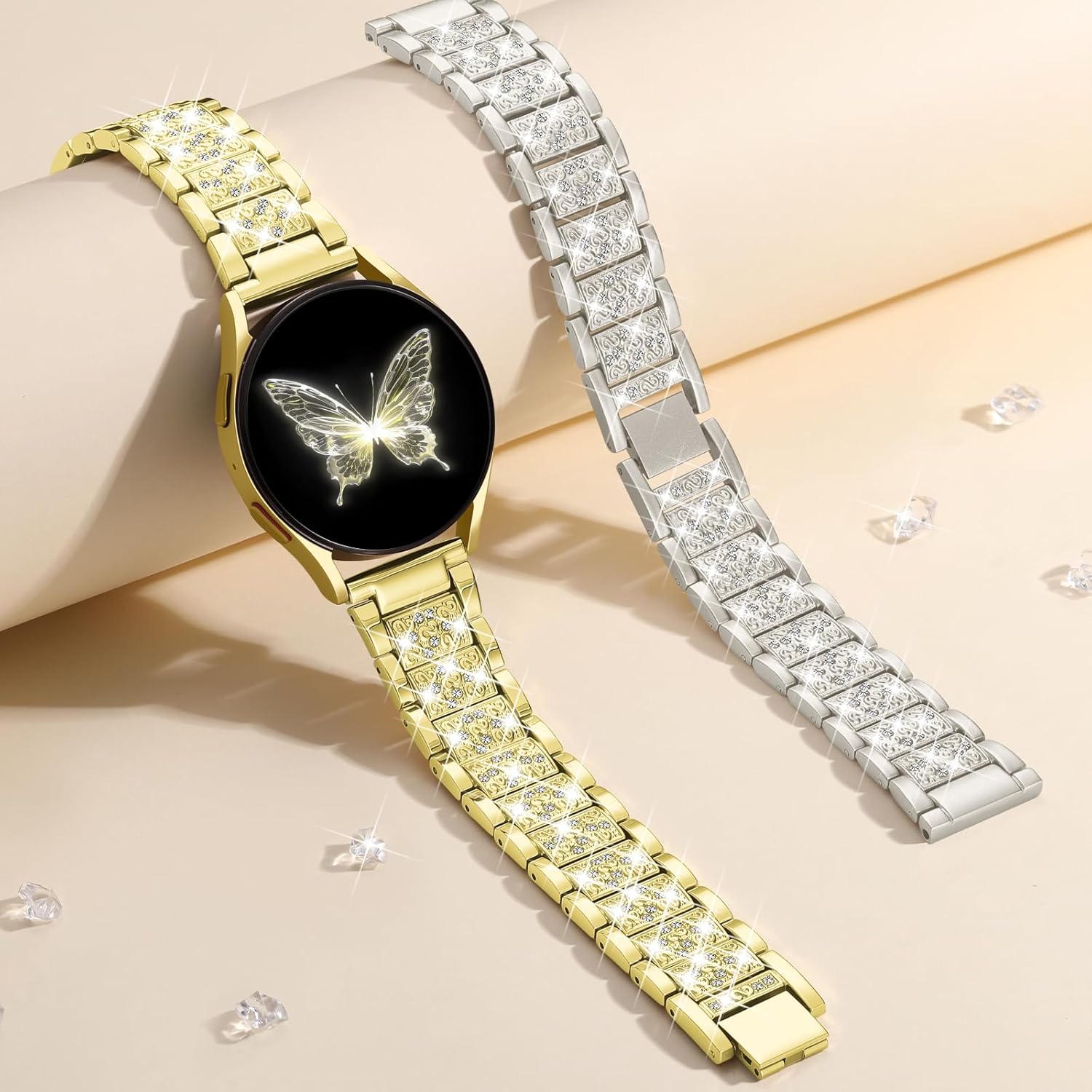 DaQin Bling Metal Bands Compatible with Samsung Watch Bands for Women 7 6 5 4 Active 2 FE 40mm 44mm/Galaxy Watch 5 Pro/6 4 Classic Band, 20mm Sparkling Luxury Strap for Galaxy Watch 7 Band Women