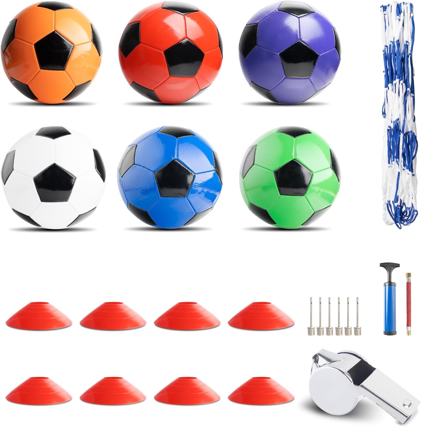 6 Pack Soccer Balls Size 5 Bulk Set – Massive 23-Piece Kit Includes 8 Cones, Whistle, Pump & Mesh Bag – Durable & Soft Training Balls for Youth Team, Practice, Gift & Charity Donation