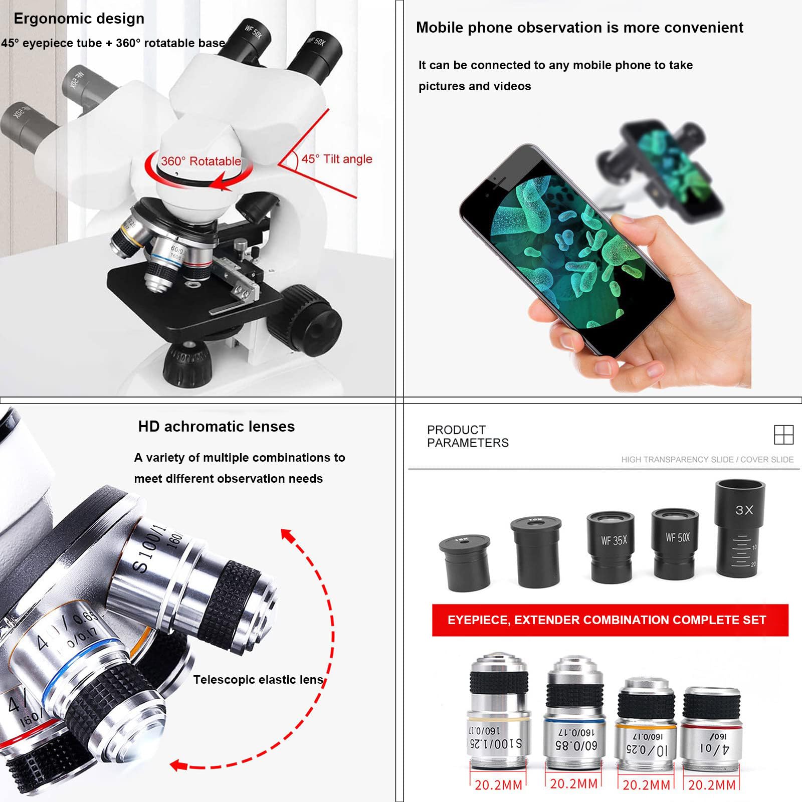 Microscopio De InvestigacióN De Laboratorio Profesional (30000X- 50000X-70000X), Microscopio Compuesto para Adultos/Estudiantes, Luz LED Ajustable, Ajuste Coaxial Grueso Y Fino,70000X