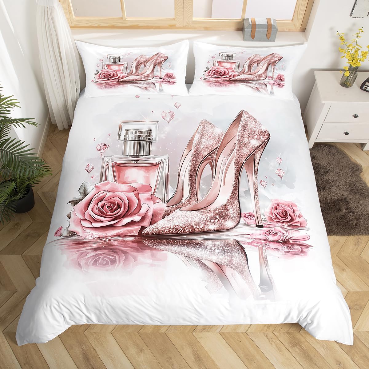Erosebridal Fashion Luxury Girly Duvet Cover Pink Glitter High Heels Comforter Cover Rose and Perfume Makeup Themed Bedding Set Full Size for Kids Teen Women,Trendy Aesthetic Floral Bed Set