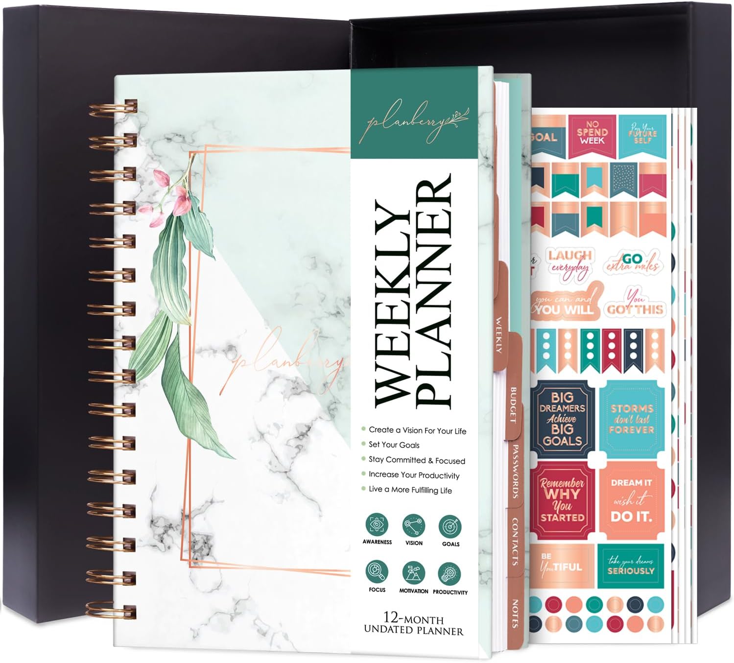 PLANBERRY Weekly Planner Premium – Undated Life Organizer & Budget Planner – Time Management, Goal Setting, To-Do List, Work-Life Balance & Habit Tracker – 6.9″ x 8.5″ (Natural Green)