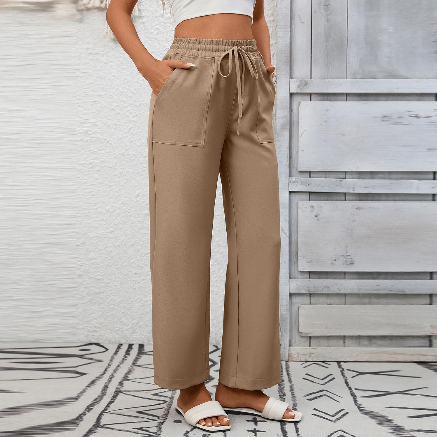 Womens Cotton Linen Pants Casual Drawstring Wide Leg Spring Summer Trousers with Pockets Work Solid Color Pants
