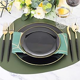 Supernal 350pcs Black Plastic Dinnerware Set - Black and Gold Plastic Plates, Gold Silverware Set, Wedding Party Plate, Cups Prefect for Halloween, Thanksgiving, Christmas Party and New Year