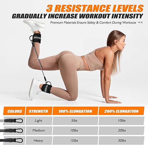 KUTIZE Resistance Bands Set with Ankle Straps, Exercise Bands for Pilates & Yoga, Adjustable Leg Weights & Glutes Home Workout Equipment, 3-Level Portable Gym fitness equipment for Women & Men