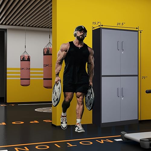 Miniatura 91 de STANI Armario de almacenamiento de metal para garaje con cerradura, archivador de acero con cerradura de 71 pulgadas, gabinete de almacenamiento de