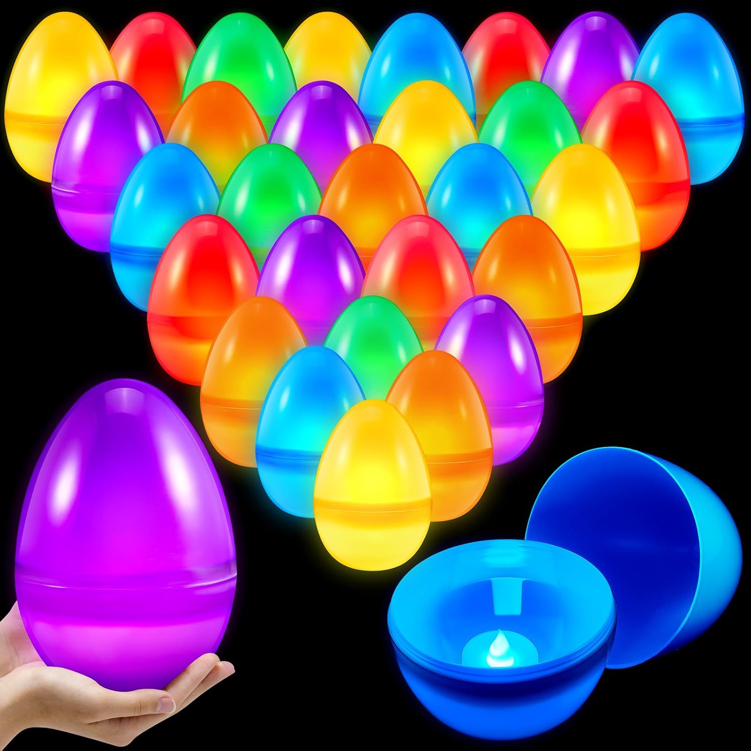 20 Pcs Jumbo Plastic Glow Easter Eggs 6'' Tall Fillable Light up Easter Eggs for Bedroom Candy Party Camping Decorations Gifts Kids Glow in the Dark Eggs Easter Basket Stuff with 20 LED Tea Lights
