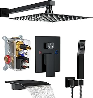 Shower System with Tub Spout, Shower Faucet Set with 12 Inch Rain Showerhead Handheld Shower and Tub Spout, Wall Mounted High-Pressure Showerhead Combo Set Included Valve and Trim, Matte Black